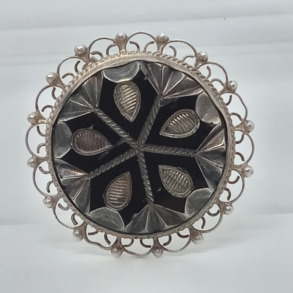 * vintage sterling silver & black faceted glass pin brooch or necklace pendant